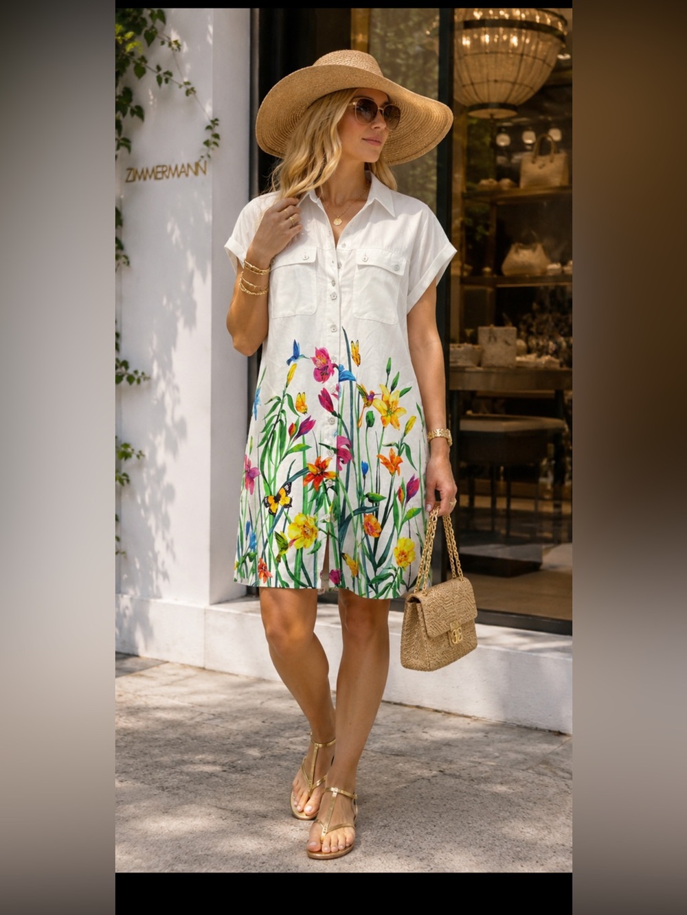 Linen Blend Multi Floral Border Print Point Collar Long Roll-Tab Sle Shirt Dress